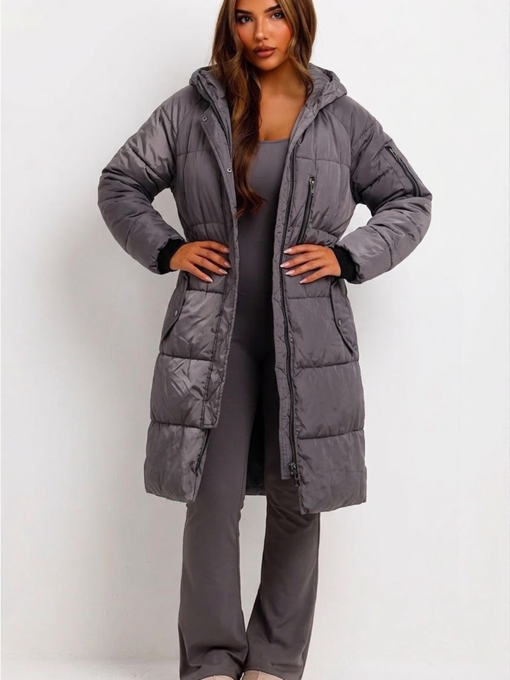 Women’s Long Hooded Puffer Divided Coat - Gray/Charcoal color *Tags Removed